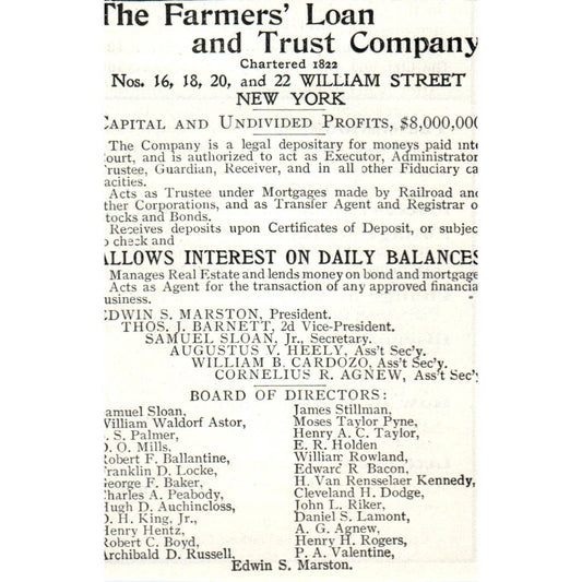 Farmers' Loan and Trust Co William St. NY Edwin S. Marsten - 1903 Ad TJ7-S