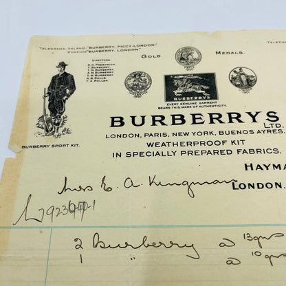 1925 Burberrys Ltd London Billhead Letterhead Receipt AA4