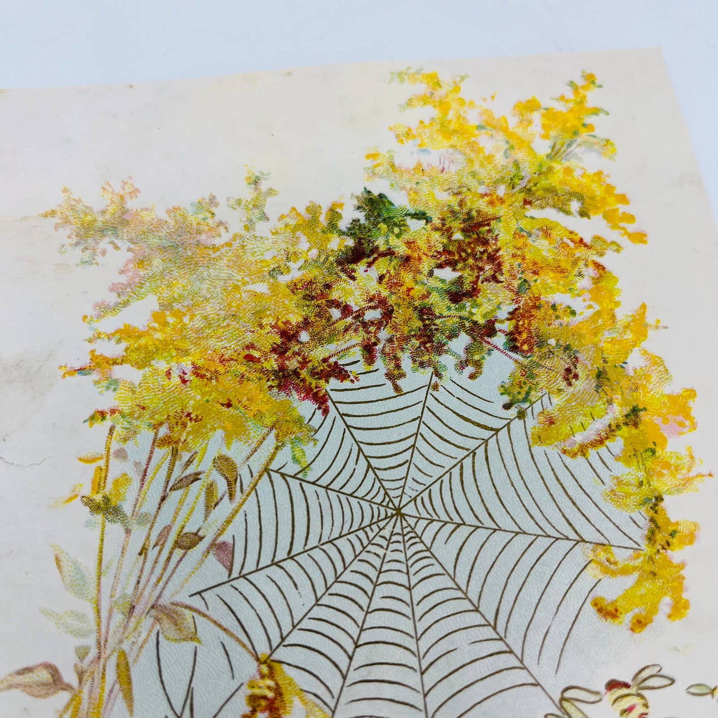 1880s Embossed Autumn Victorian Greeting Card Goldenrod Cobweb Bees Gilt AA3