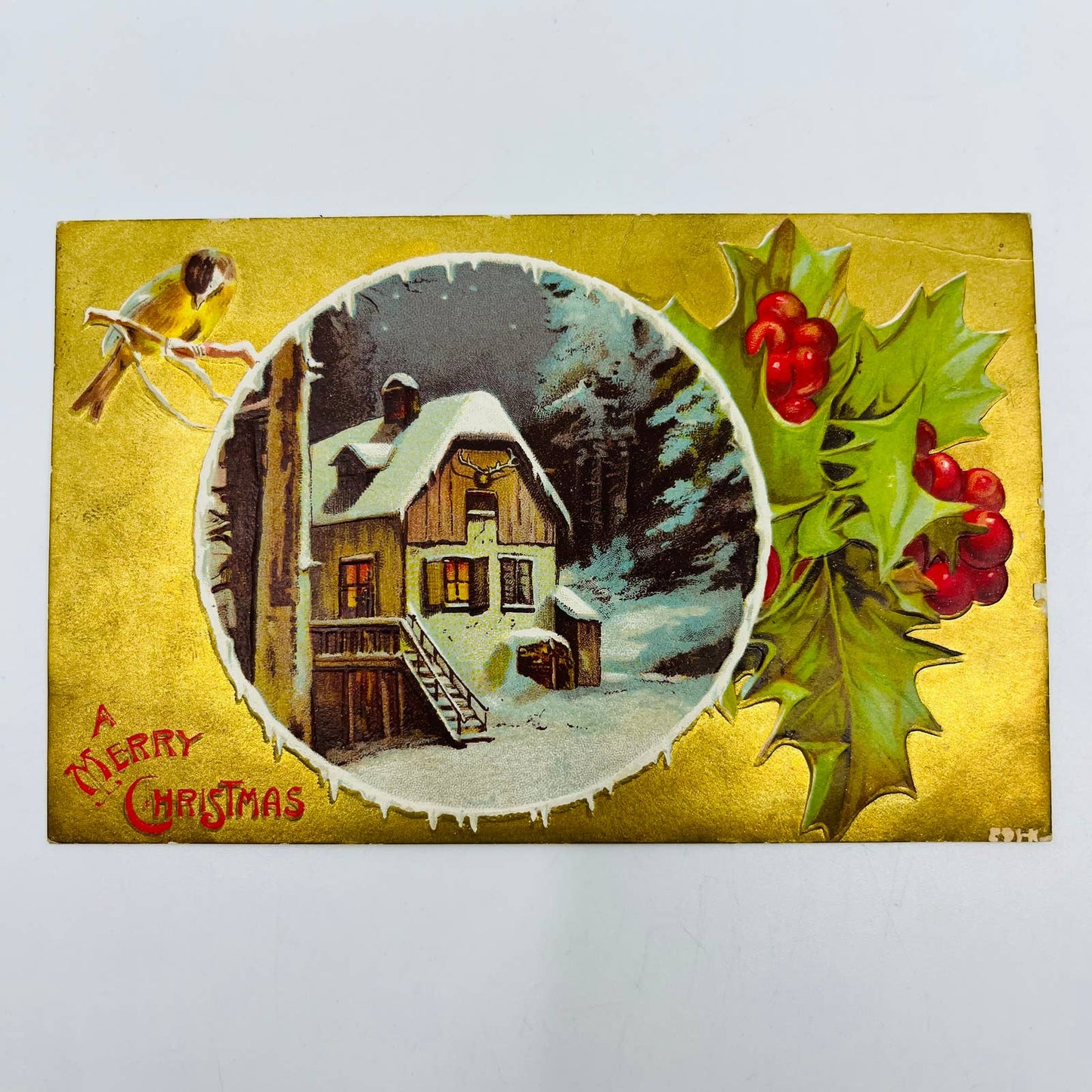 1910s Christmas Post Card Embossed Hunting Lodge Deer Antlers Bird Gilt Snow PA4