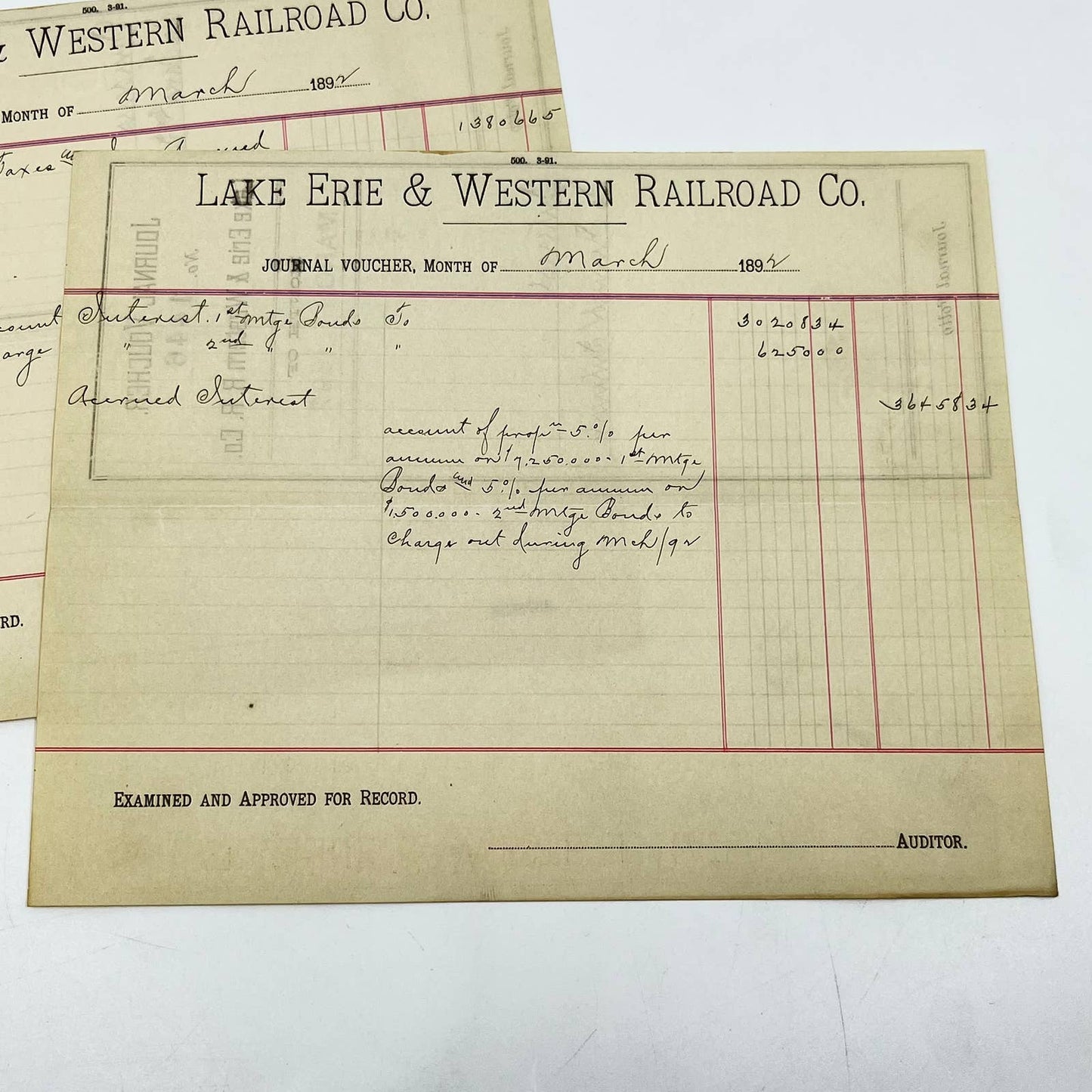 1892 Lake Erie & Western Railroad Co. Journal Voucher RR Lot of 2 AB1-7