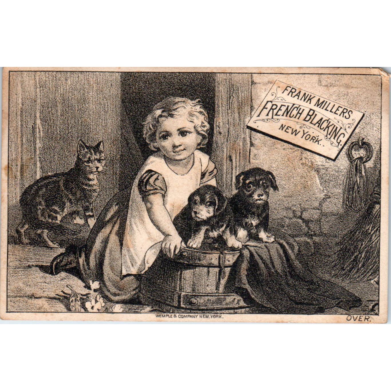 1880s Victorian Trade Card Frank Millers French Blacking Puppies & Cat SF2