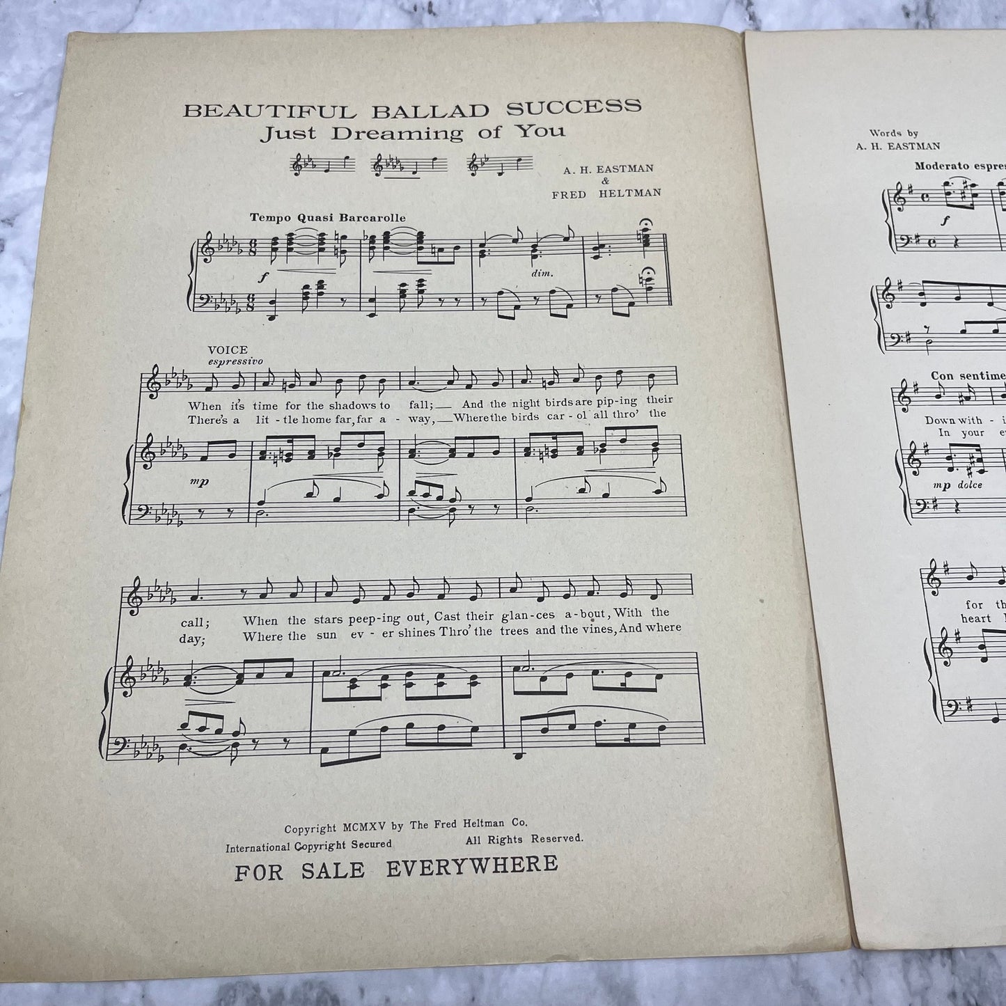 1913 COME TO ME Ballad Sheet Music EASTMAN & HELTMAN Blue Roses Flowers V42-2