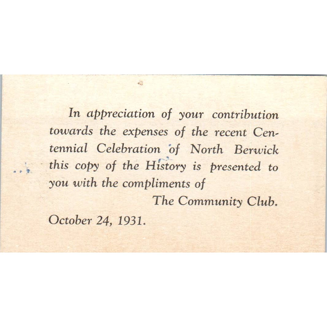 1931 North Berwick Centennial Celebration Thank You Card TK2-CC