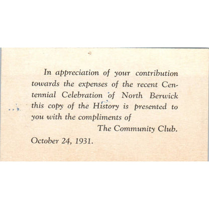 1931 North Berwick Centennial Celebration Thank You Card TK2-CC