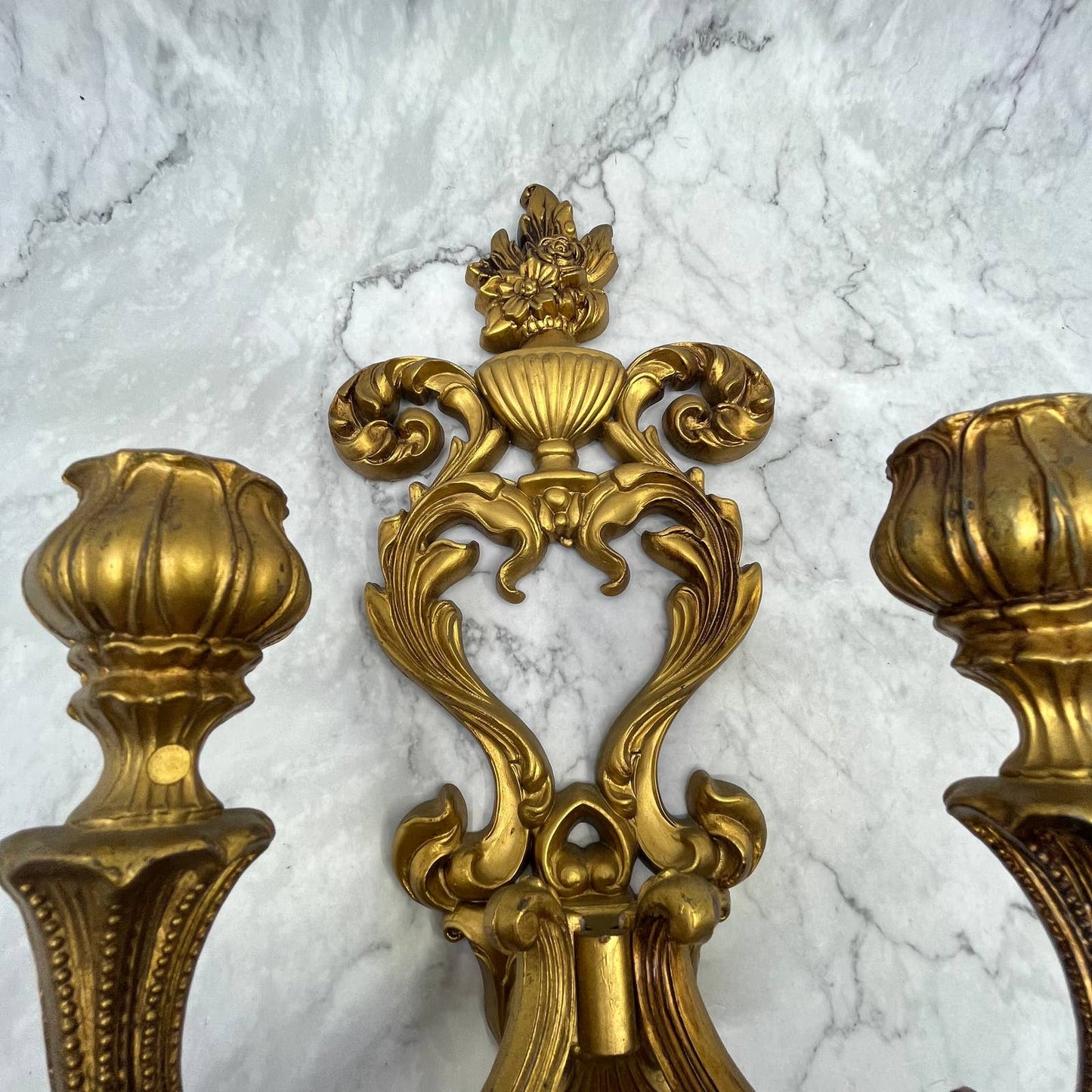 Vintage Gothic Brass Tone Cast Resin 2 Arm Wall Mount Candelabra Sconce 13" TI7
