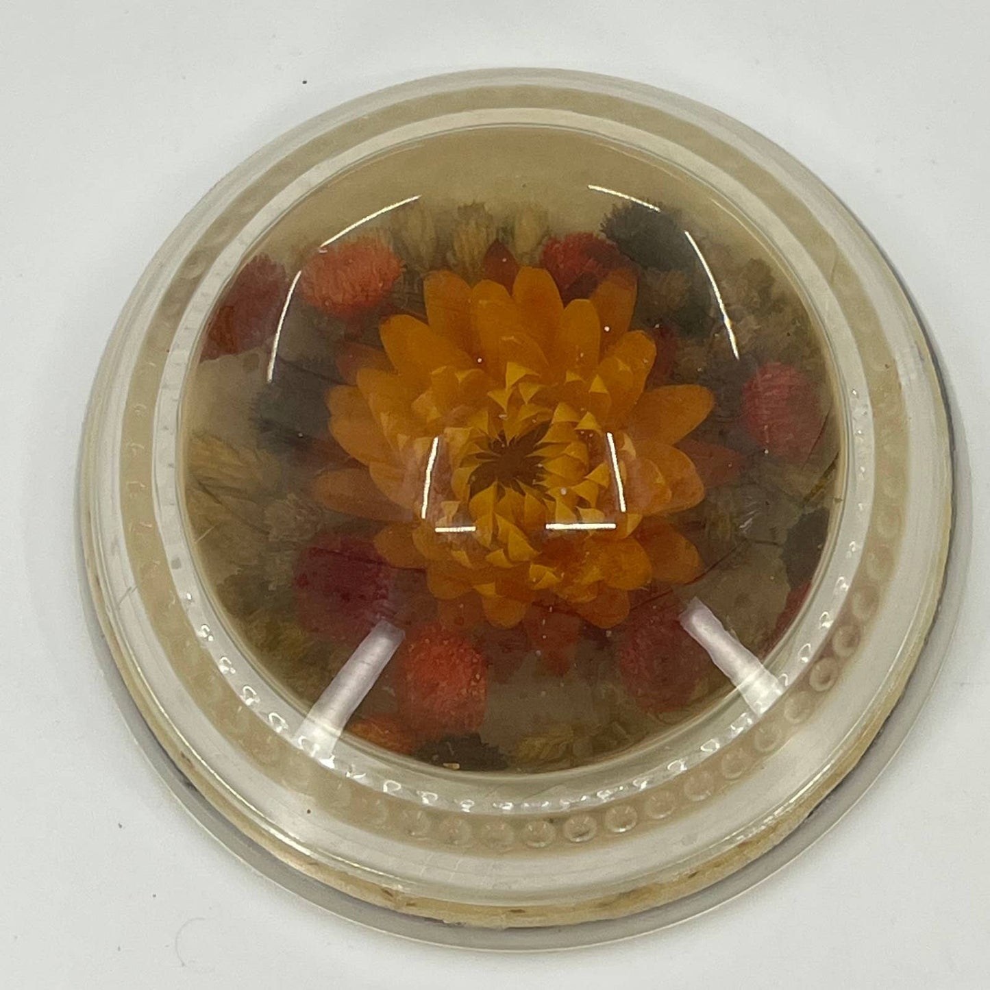 Antique Glass Paperweight Dried Flowers Red Orange 3” SA3