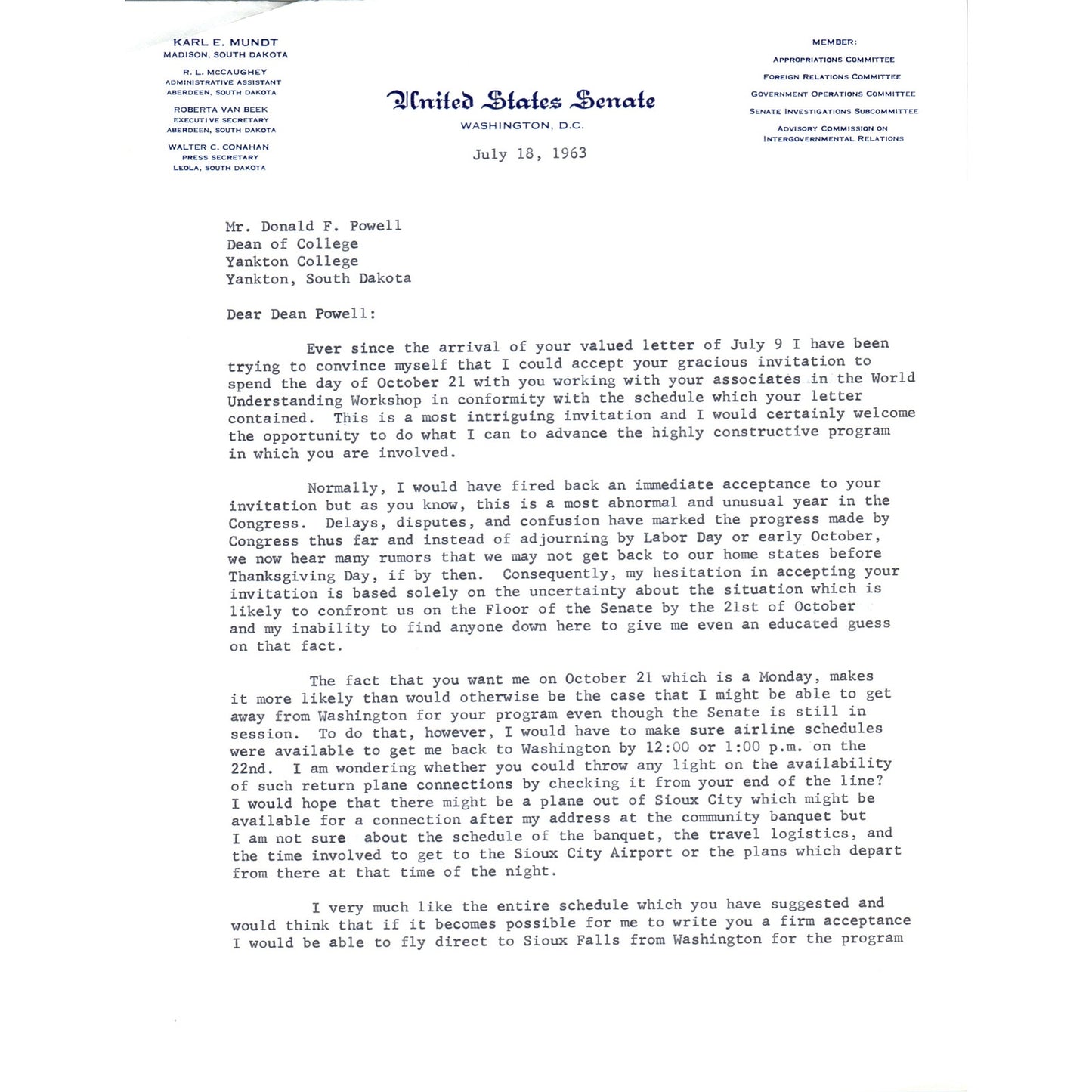 South Dakota Senator Karl Mundt Official Letterhead Signed Memo Jul 1963 B11