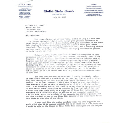 South Dakota Senator Karl Mundt Official Letterhead Signed Memo Jul 1963 B11
