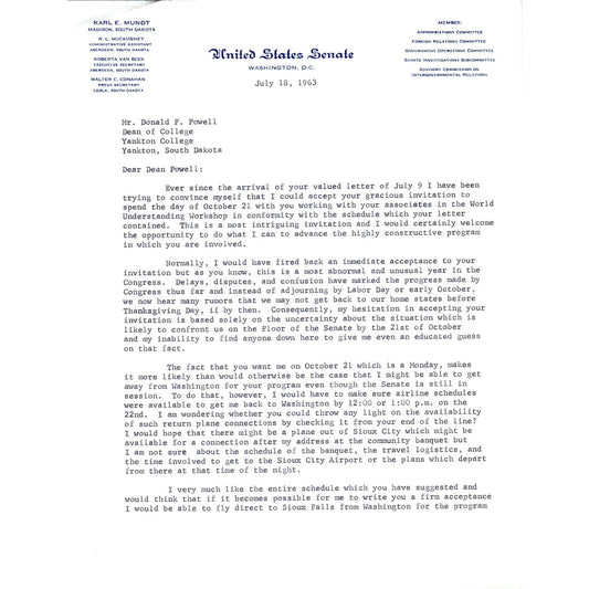 South Dakota Senator Karl Mundt Official Letterhead Signed Memo Jul 1963 B11
