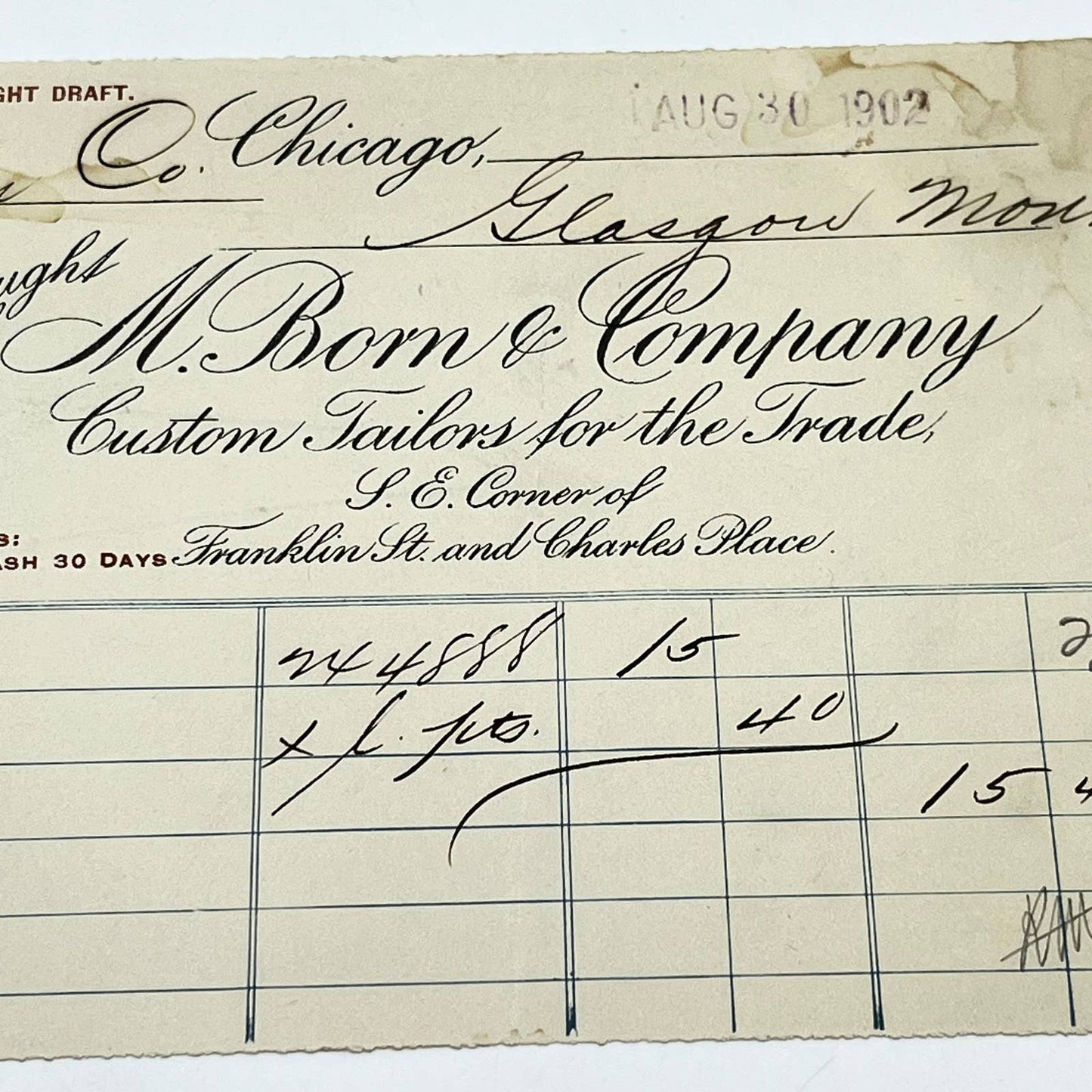 1902 M. Born & Company Custom Tailors Letterhead Chicago IL AB5