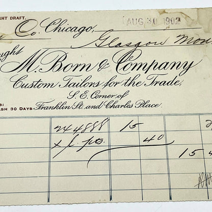 1902 M. Born & Company Custom Tailors Letterhead Chicago IL AB5