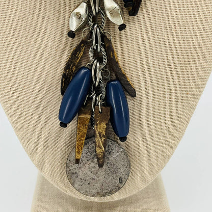 Vintage Brutalist Rustic Wood Metal Blue Bead Chunky Pendant Necklace SB2