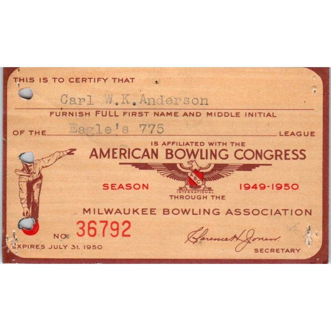 1949 American Bowling Congress Milwaukee Membership Card Eagles 775 SE5-25