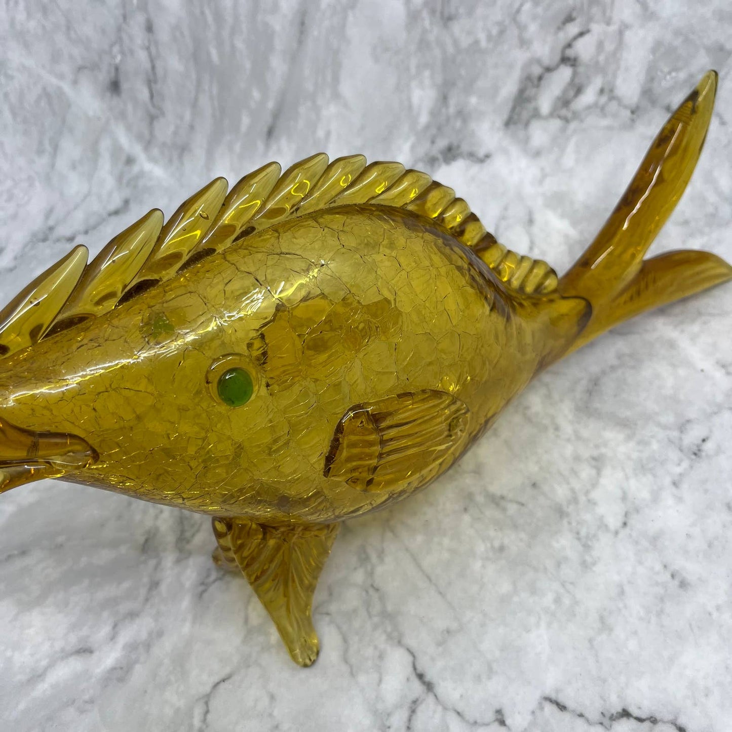 1960s MCM Hand-Blown Golden Honey Amber Crackle Glass Fish Decanter 17.5” TB4