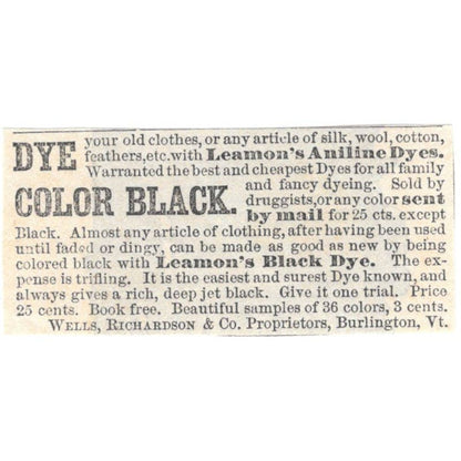 Leamon's Aniline Dyes Wells, Richardson & Co Burlington VT - Ad 1878 TJ7-L2-4