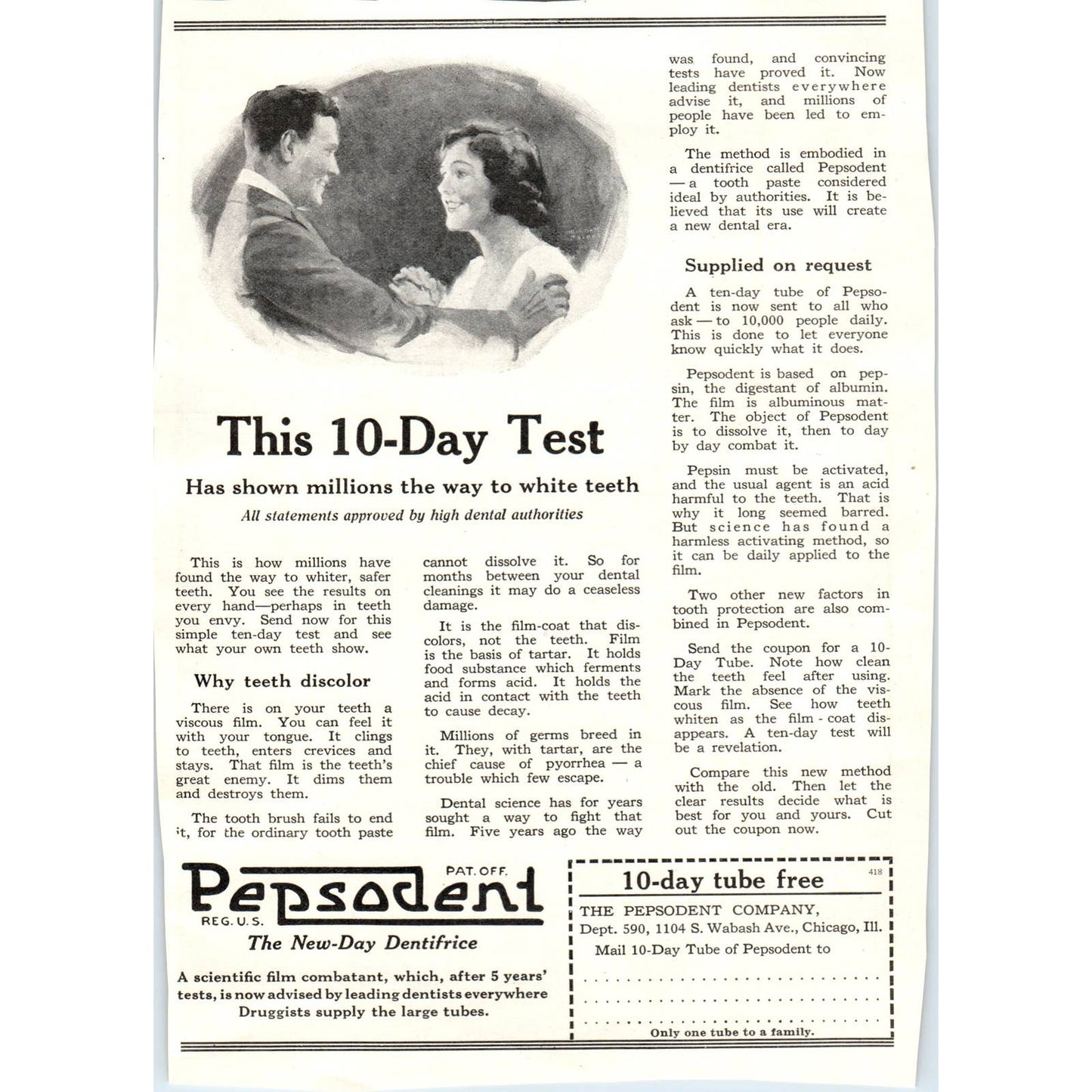 c1920 Harper's Magazine Ad - Pepsodent Toothpaste 10 Day Test TF6-1