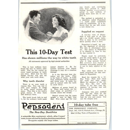 c1920 Harper's Magazine Ad - Pepsodent Toothpaste 10 Day Test TF6-1