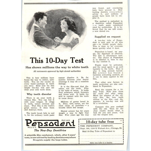 c1920 Harper's Magazine Ad - Pepsodent Toothpaste 10 Day Test TF6-1
