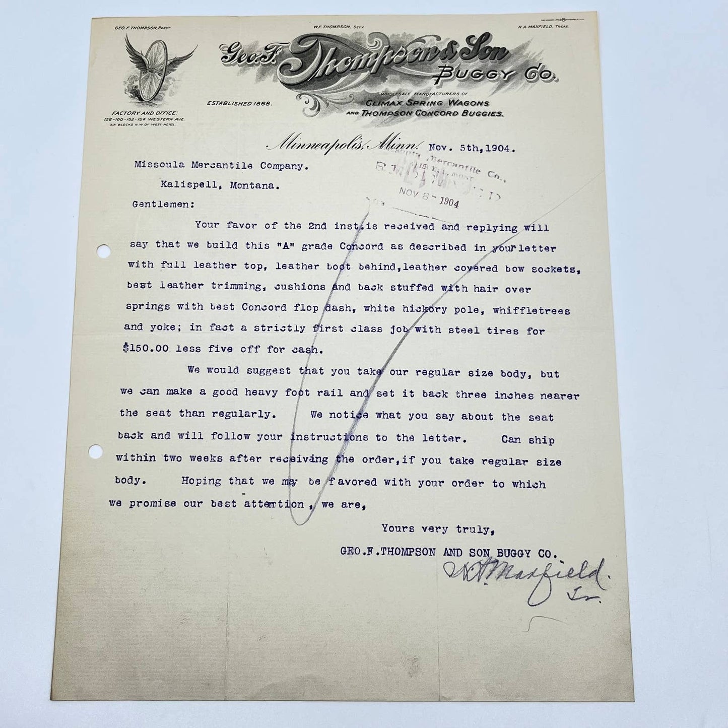 1904 Geo. F. Thompson & Son Buggy Co Letterhead Minneapolis MN AB5