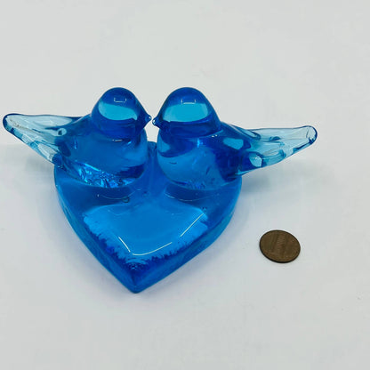 Kissing Heart Shaped Blue Birds of Happiness Blue Glass Paperweight 6x2.5” TD1