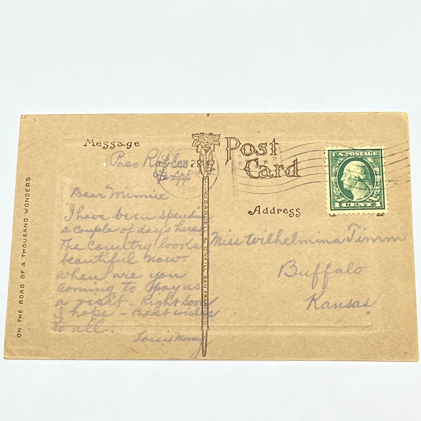 1914 RPPC Postcard Paso Robles Hot Spring CA Wilhelmina Timm Buffalo KS AC2