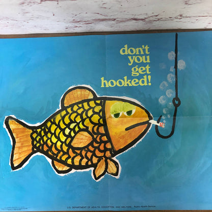 Rare 1970s Anti-Smoking School Poster Don’t You Get Hooked Goldfish 21x16” AC9