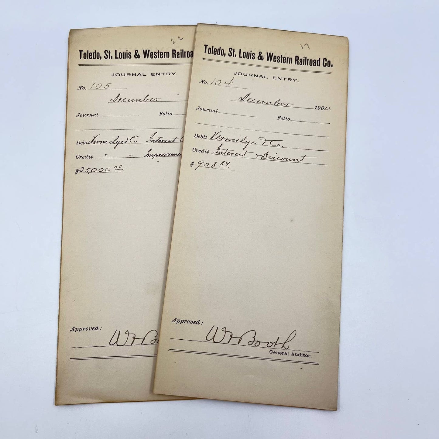 1900 Toledo, St. Louis & Western Railroad Company Journal Entry Lot of 2 AB2-4