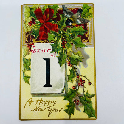 1910s Christmas New Year’s Post Card Raphael Tuck Red Flowers Gilt Embossed PA3