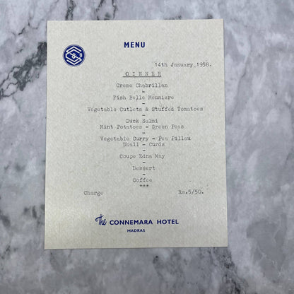 1958 January 14 - Dinner Menu - The Connemara Hotel Madras TD8