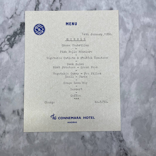1958 January 14 - Dinner Menu - The Connemara Hotel Madras TD8