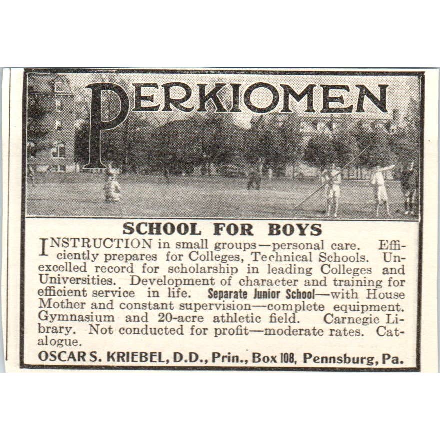 c1920 Harper's Ad - Perkiomen Boys School Oscar S. Kriebel Pennsburg PA EA3-1