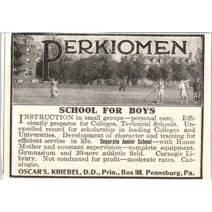 c1920 Harper's Ad - Perkiomen Boys School Oscar S. Kriebel Pennsburg PA EA3-1