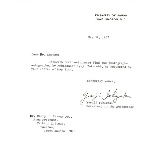 Embassy of Japan Letterhead Memo Yasuji Ishigaki 5/31/67 B14