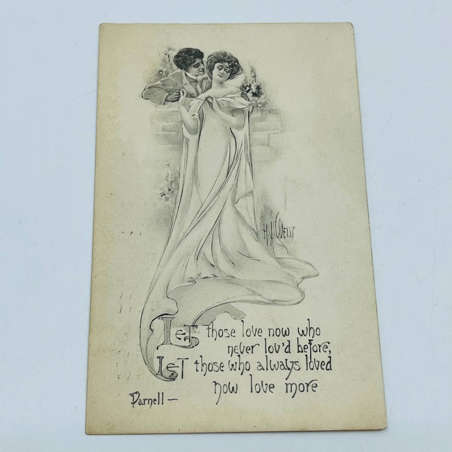 1910s Post Card Romance Illustrated Victorian Couple Sketch Parnell Poem PA6