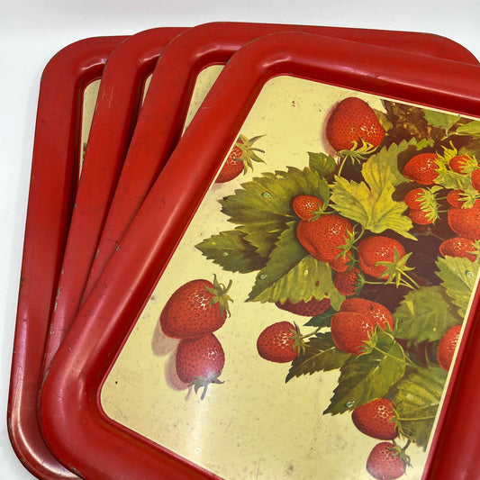 1940s Toleware Tin Enamel Strawberry Dinner Tray Set OF 4 - 17.5 x 13 TH2-3