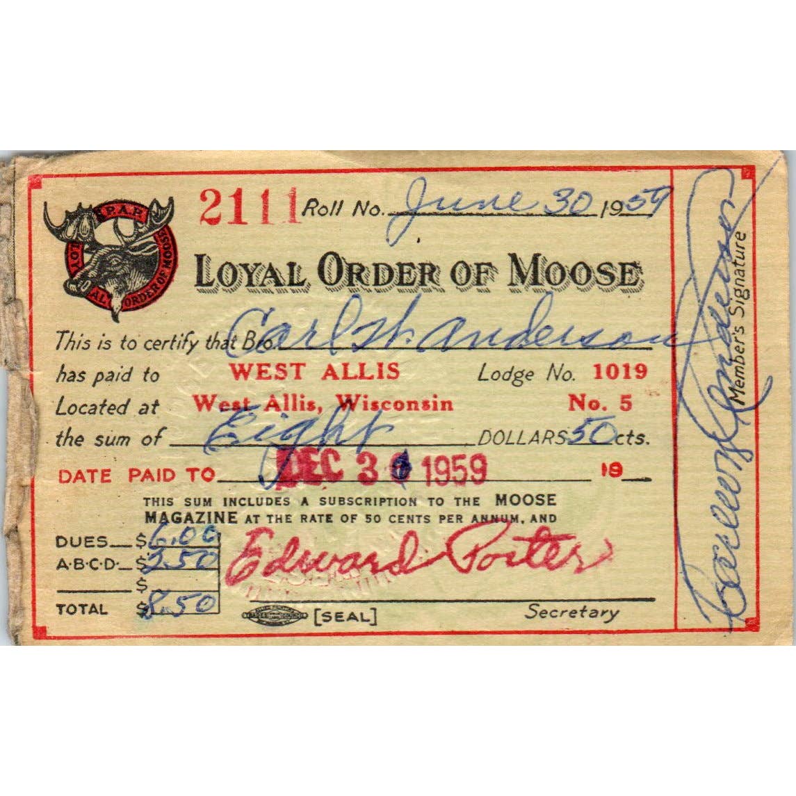1959 Loyal Order of Moose Membership Card West Allis WI Carl K Anderson SE5