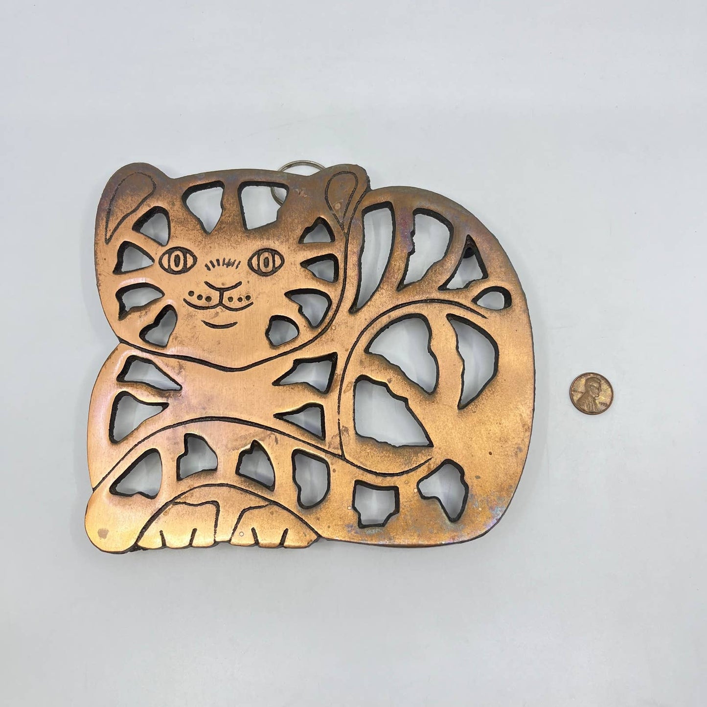 Vintage Metal Copper Cat Trivet Wall Art ODI 7 x 6” TC6