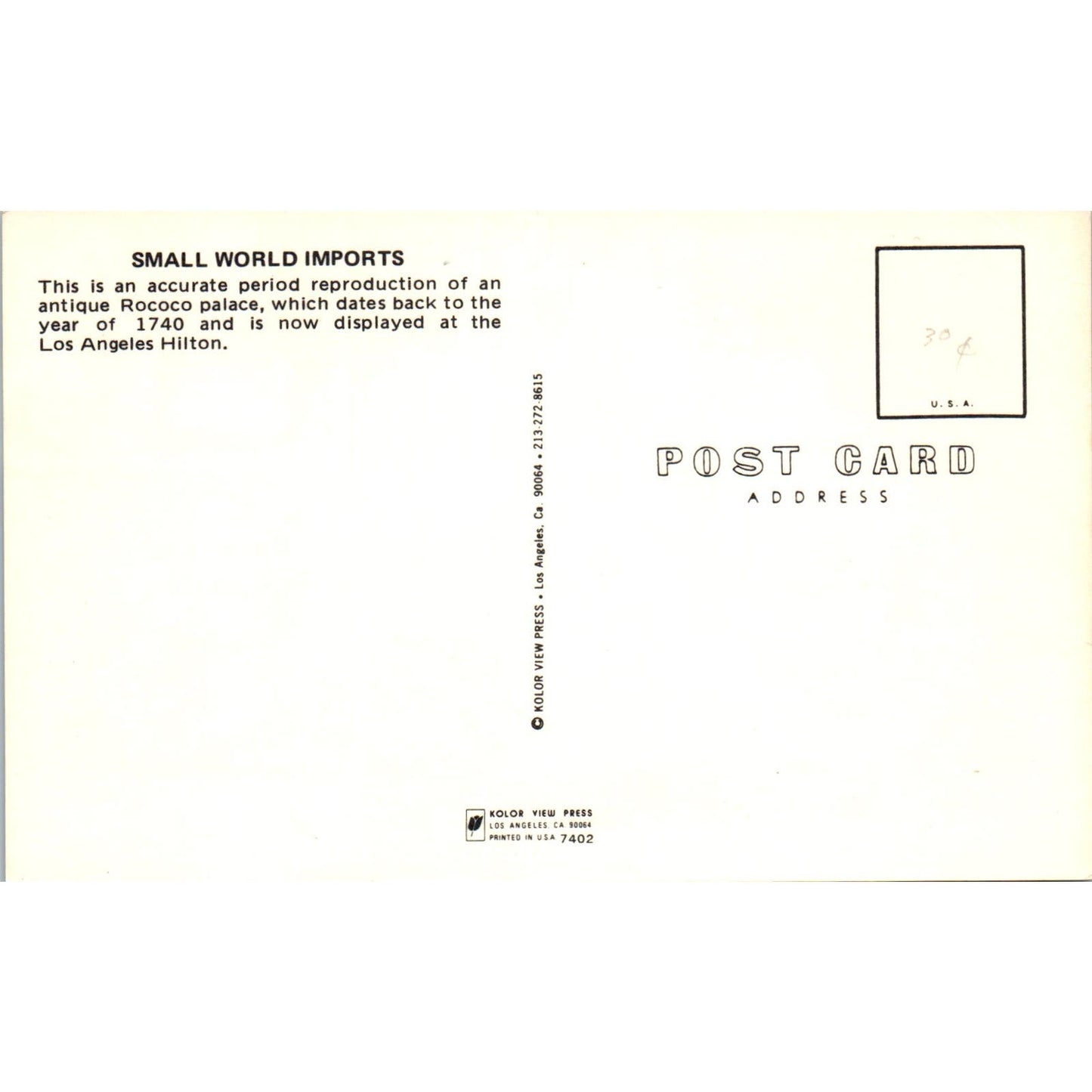 Rococo Palace Doll House Small World Imports LA Hilton Original Postcard PB7