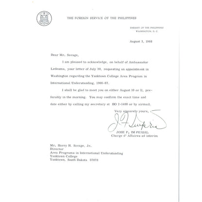 The Foreign Service of the Philippines Letterhead Jose F. Imperial 1966 B9