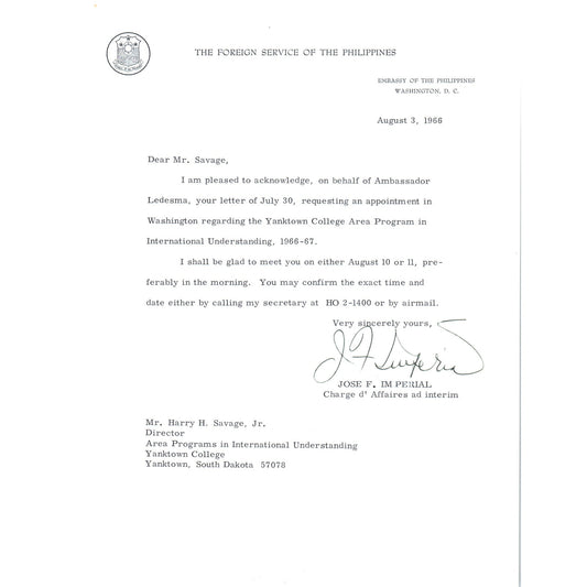The Foreign Service of the Philippines Letterhead Jose F. Imperial 1966 B9