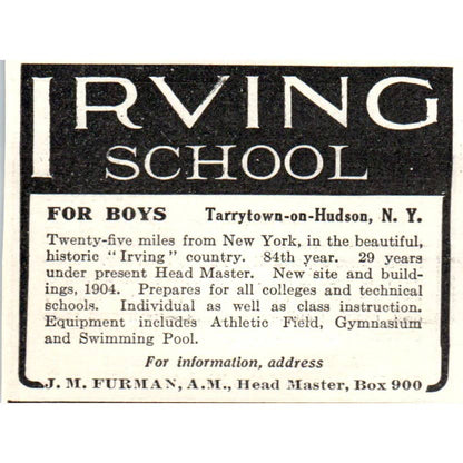 c1920 Harper's Ad - Irving School for Boys J.M. Furman Tarrytown-on-Hudson EA3-1