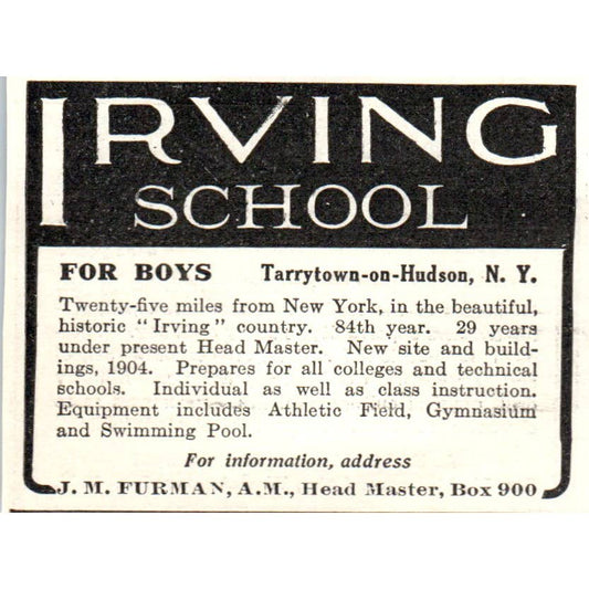 c1920 Harper's Ad - Irving School for Boys J.M. Furman Tarrytown-on-Hudson EA3-1