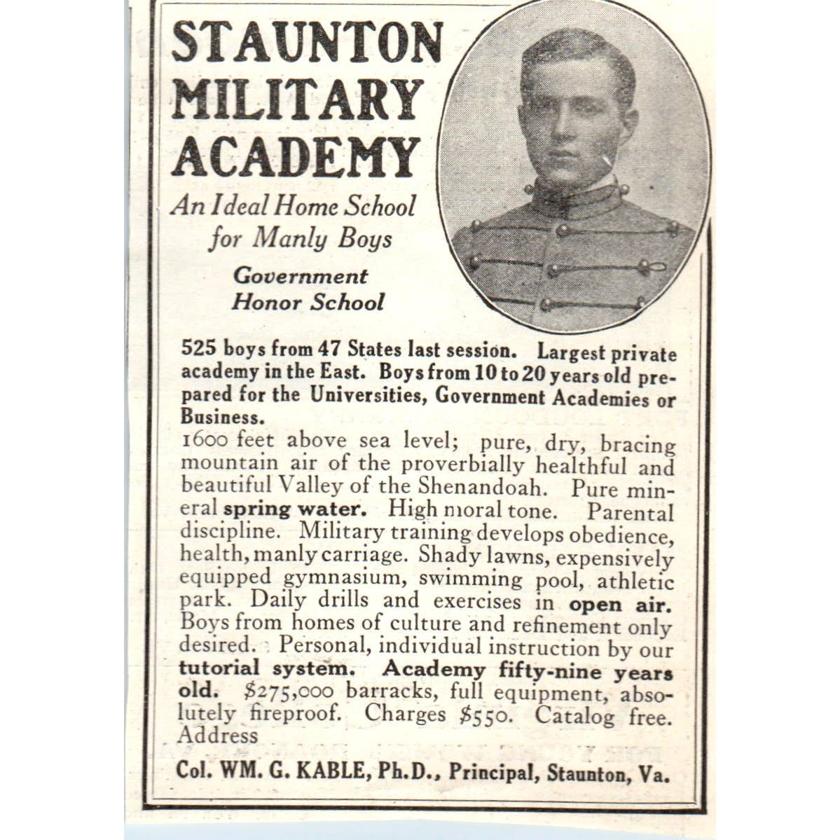 c1920 Harper's Ad - Staunton Military Academy for Manly Boys Col Wm G Kable EA3
