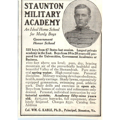 c1920 Harper's Ad - Staunton Military Academy for Manly Boys Col Wm G Kable EA3