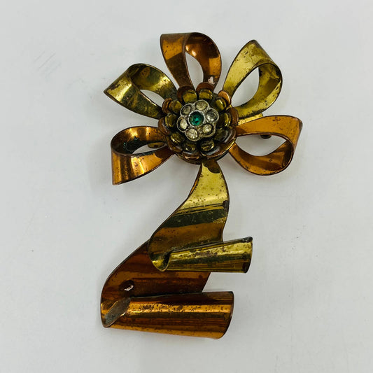 Vtg Brass and Copper Ribbon with Rhinestone Flower Brooch SB7