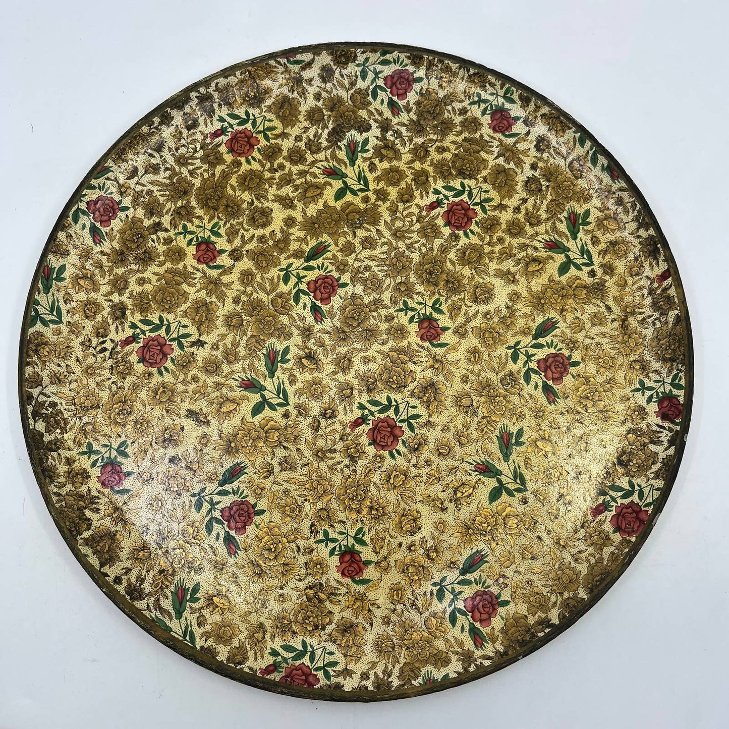 Vintage Round Tray Alcohol Proof Paper Mache Alfred Knobler Floral Roses 13" TH2