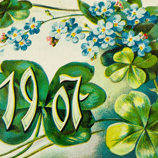 1907 Christmas New Year’s Post Card Raphael Tuck Clover Flowers Embossed PA3