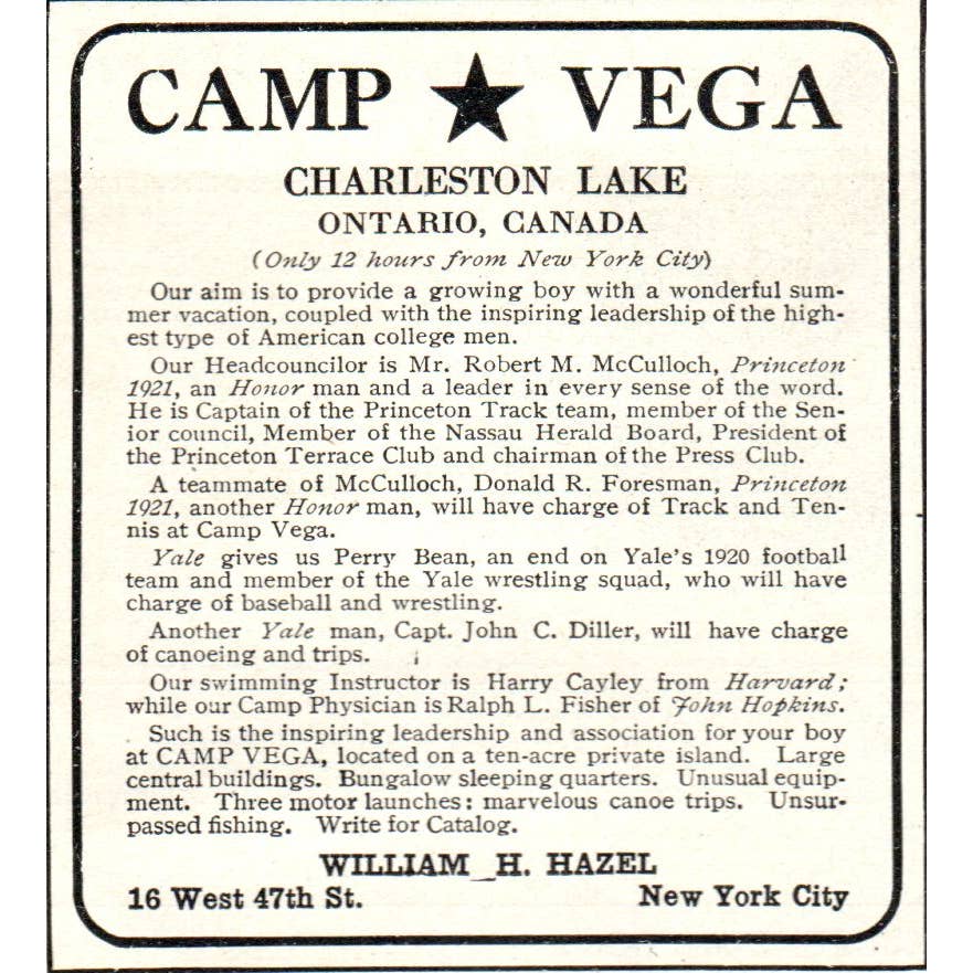 Camp Vega Charleston Lake Ontario Canada William H. Hazel 1921 Original Ad TJ7-S