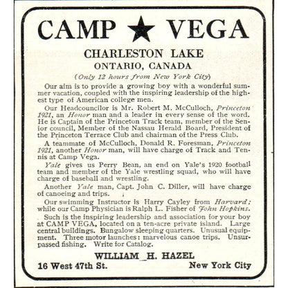 Camp Vega Charleston Lake Ontario Canada William H. Hazel 1921 Original Ad TJ7-S
